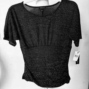 NWT Women's Ab Studio Short Sleeve Ruched Holiday Top, Black Silver Metallic, XL